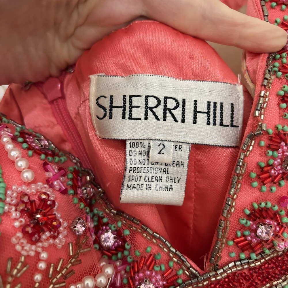 Sherri Hill 50474 A Line Maxi Formal Dress Red Pink Tulle 2 Beaded Homecoming - Picture 7 of 12